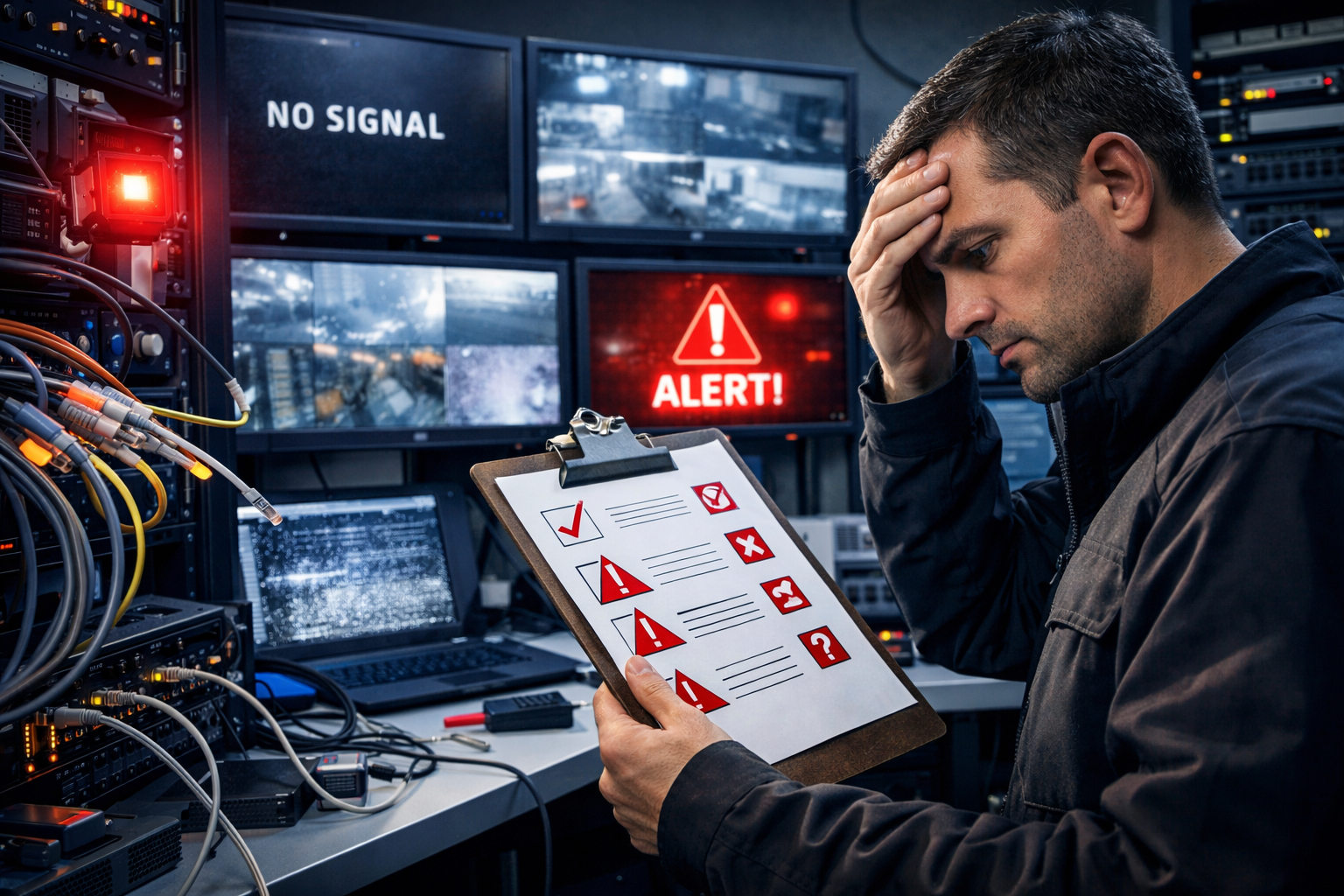 Contrôle de vidéosurveillance en salle technique avec alertes actives et tests de sécurité absents
