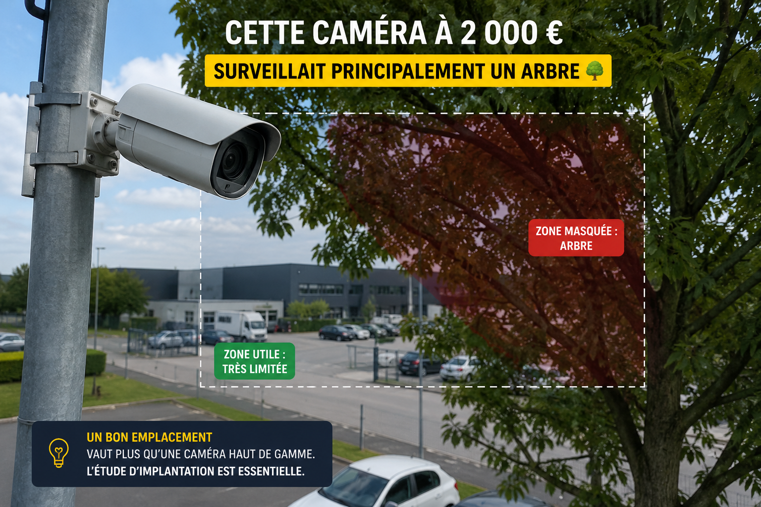 Caméra de vidéosurveillance dont le champ de vision est masqué par un arbre mal positionné.