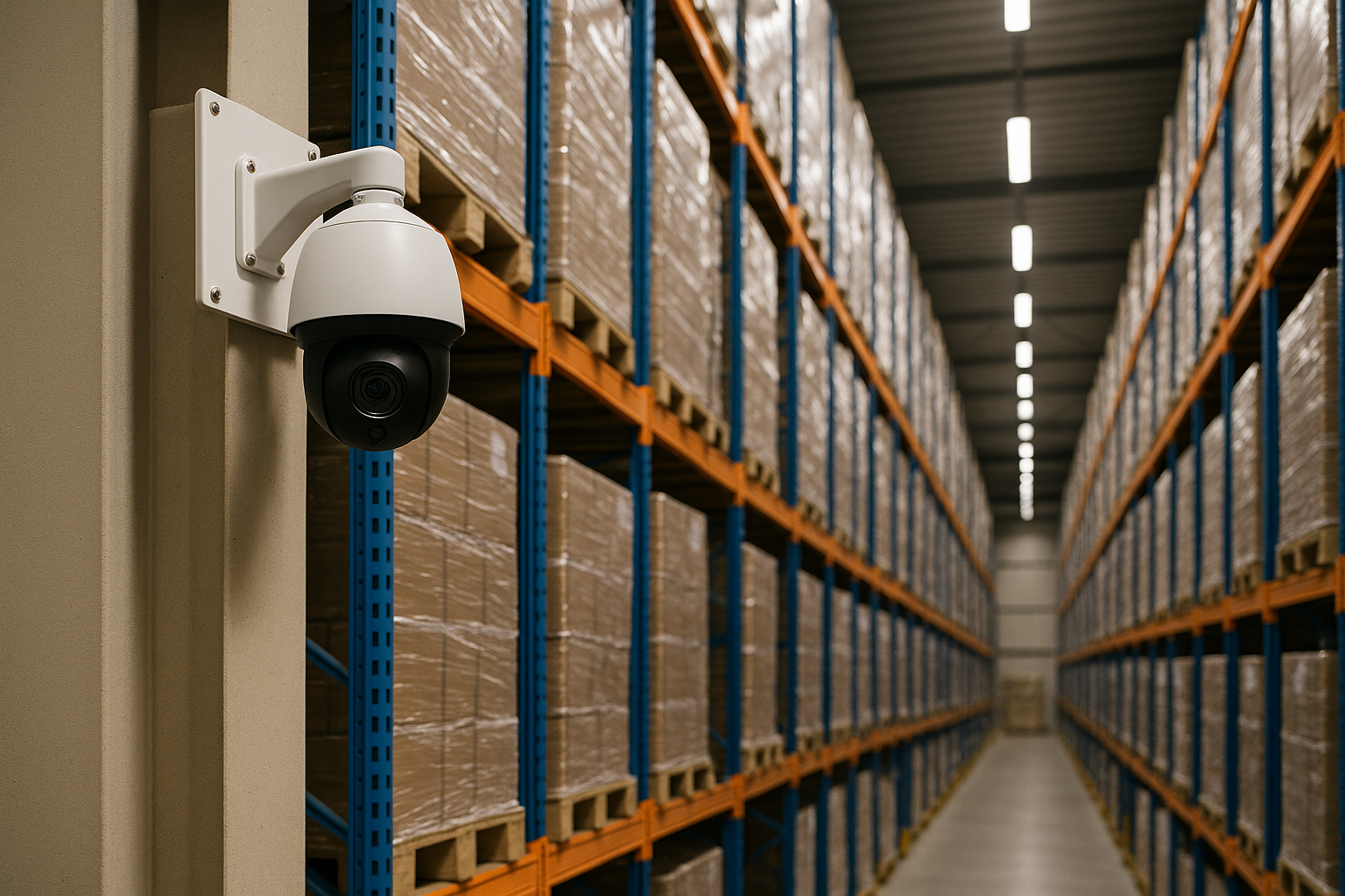 Caméra de vidéosurveillance installée pour surveiller un rayonnage logistique en détail