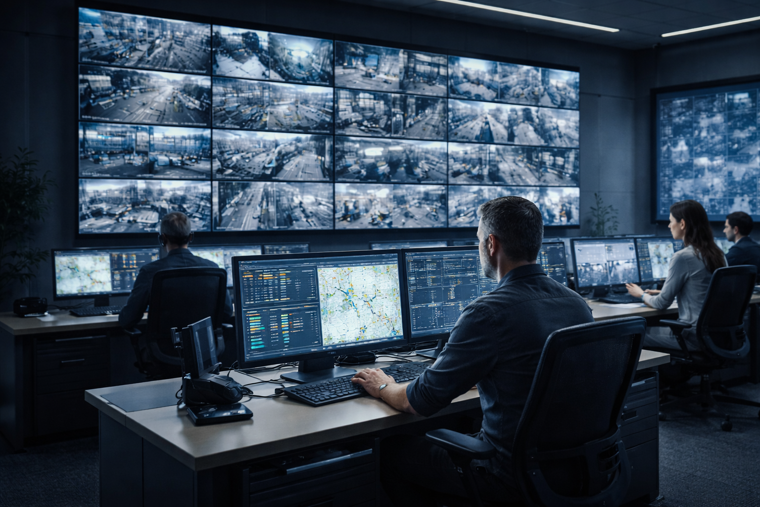 Salle de supervision vidéo moderne avec écrans de surveillance et opérateurs.