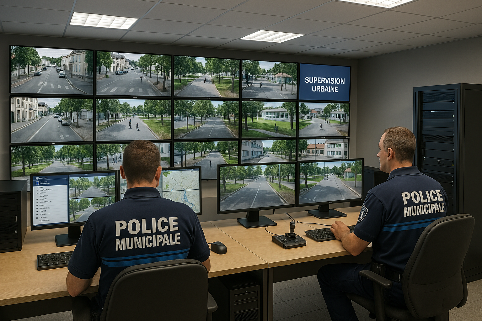 Centre de supervision urbain avec agents de police municipale en activité