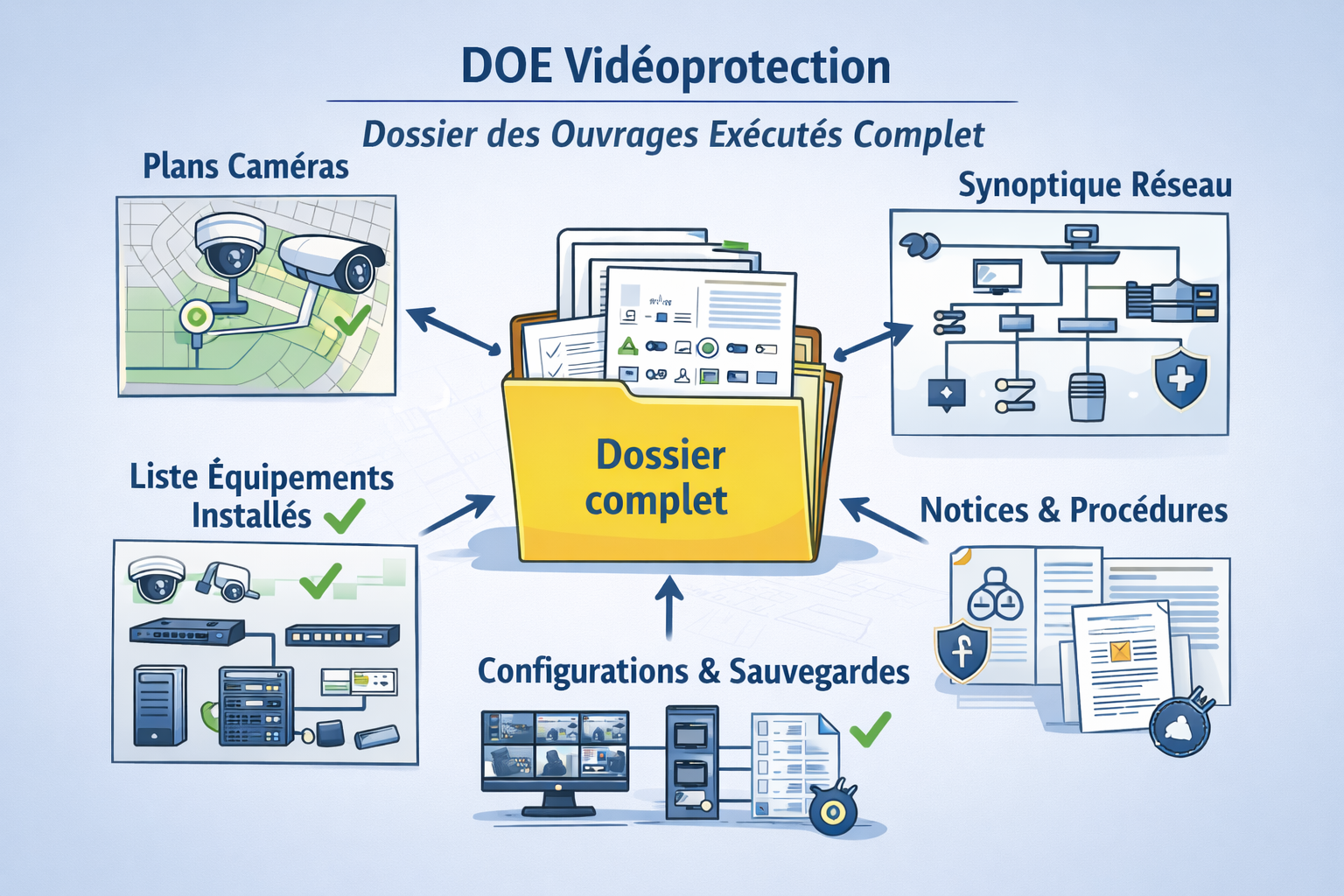 Schéma des documents à inclure dans un DOE de vidéoprotection : plans caméras, synoptique réseau, li