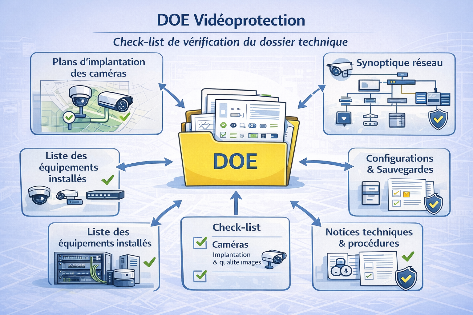 Vérification d’un DOE de vidéoprotection avec plans caméras, synoptique réseau, équipements installé