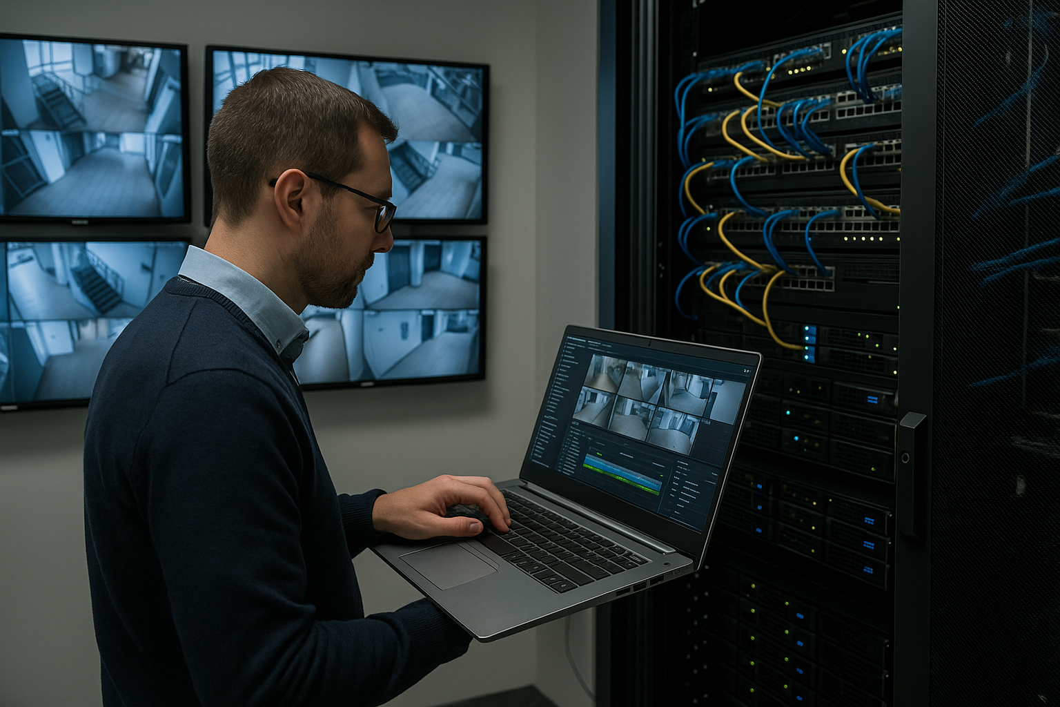 Ingénieur auditant un système de vidéosurveillance Milestone dans une salle informatique.