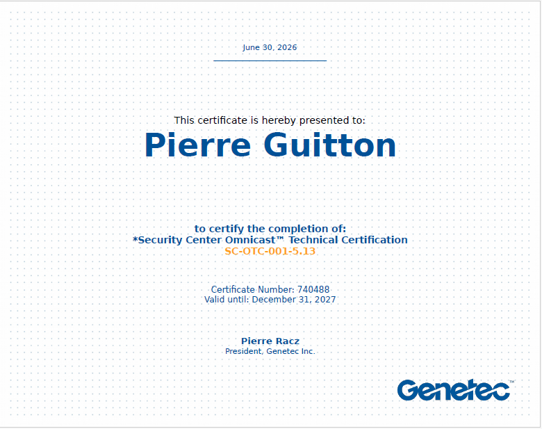 Certification Genetec Security Center renouvelée pour l'audit et la conception de systèmes vidéo
