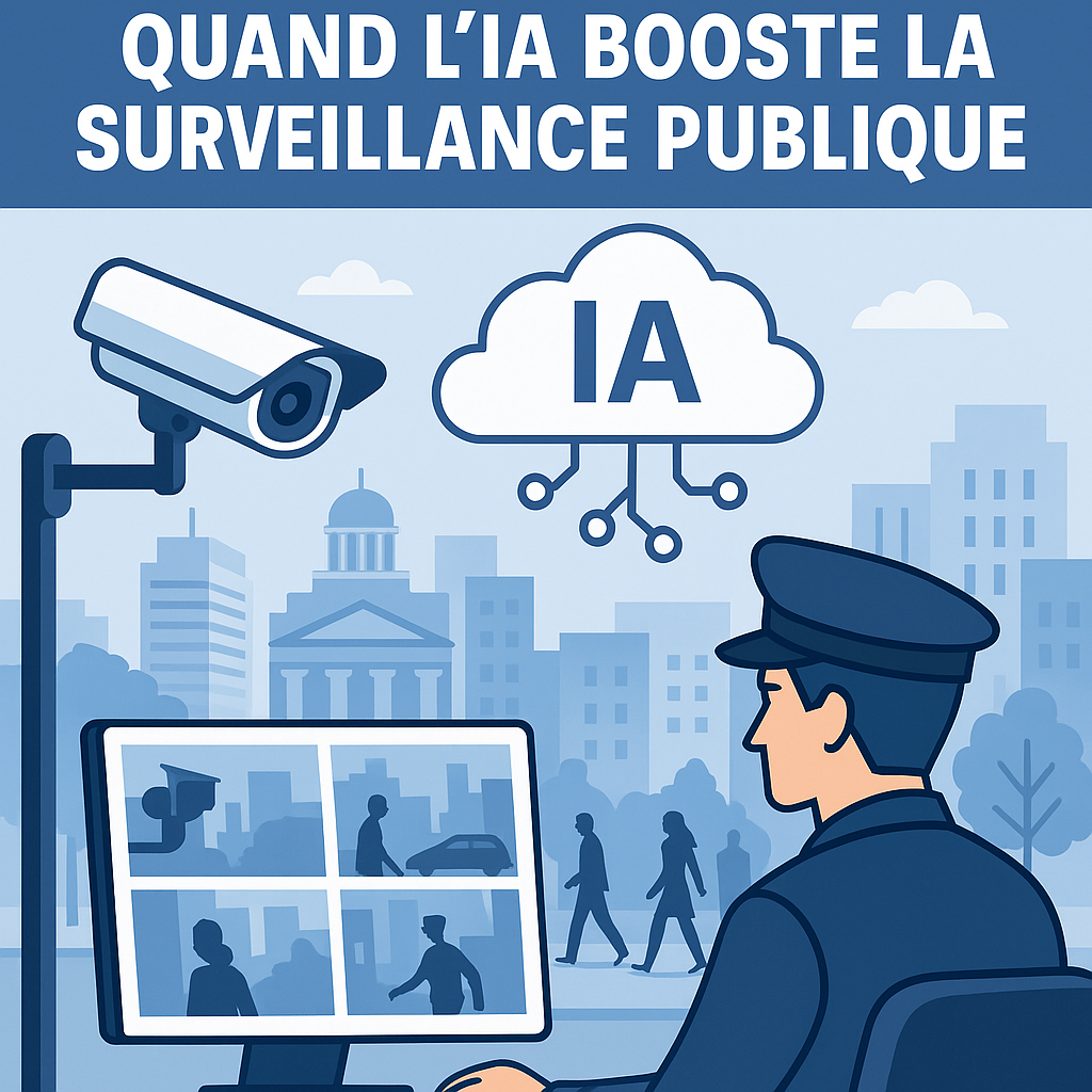 Illustration d’un agent de vidéosurveillance analysant des caméras de sécurité avec intelligence art