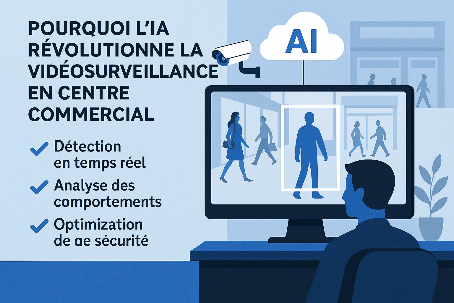 Système de vidéosurveillance intelligent avec IA dans un centre commercial moderne