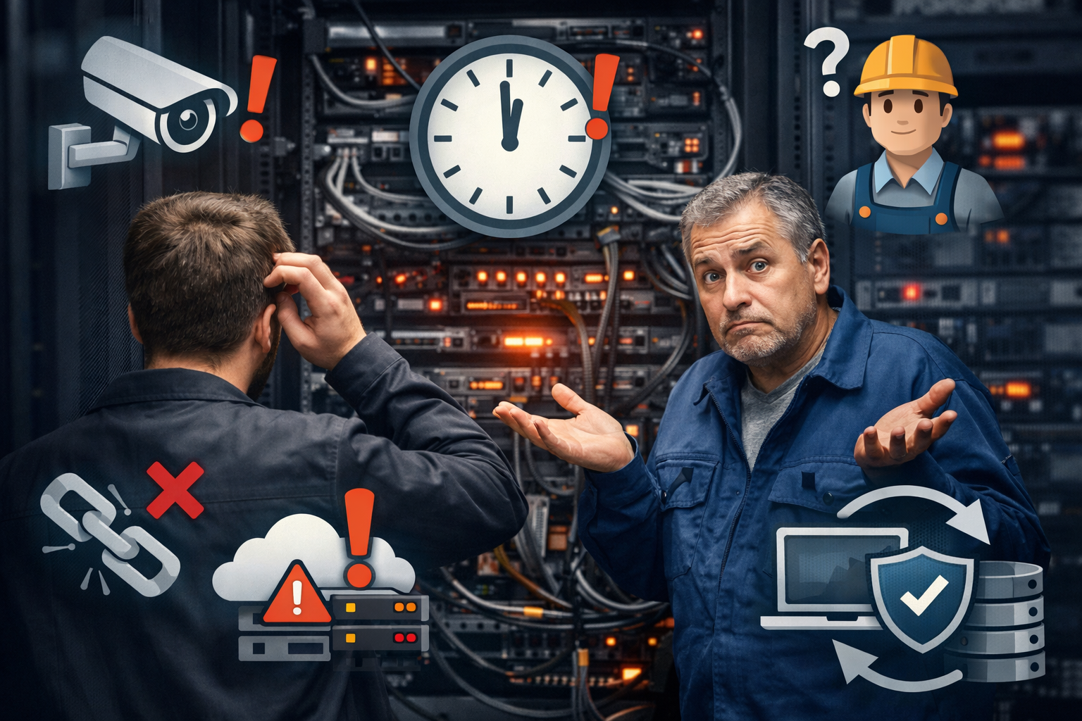 Panne de vidéosurveillance : techniciens face à un serveur HS mal maintenu en sous-traitance