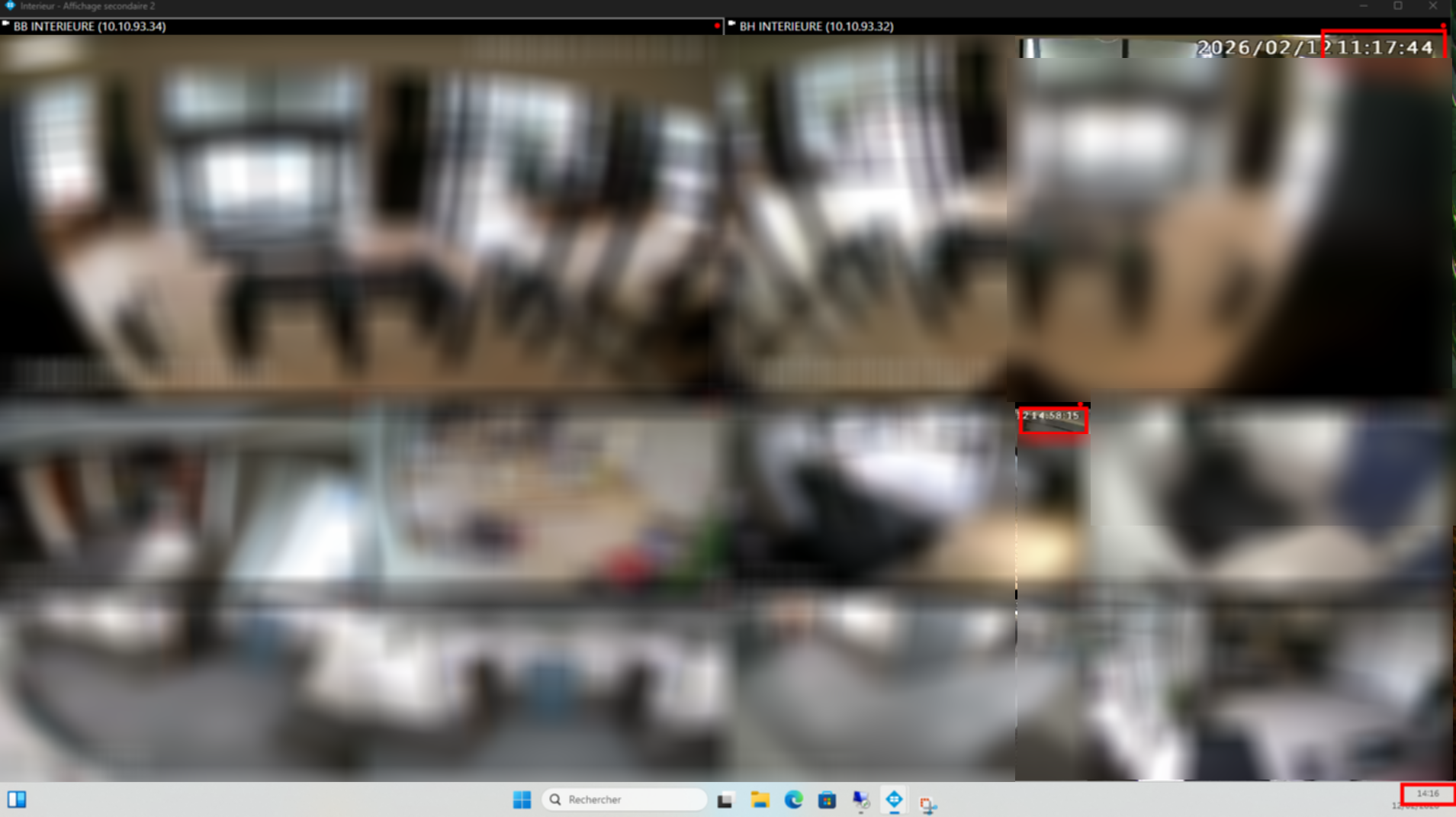 ffichage multi-caméras révélant une dérive horaire importante due à l’absence de synchronisation NTP