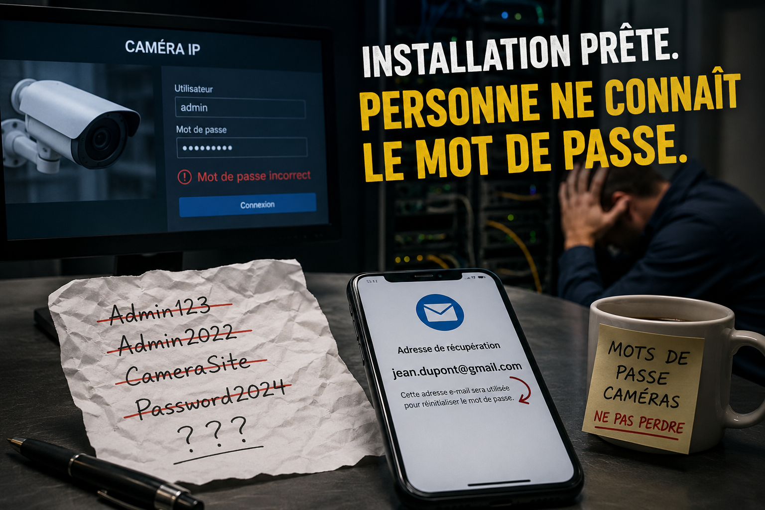 Problème d'accès à des caméras IP causé par une mauvaise gestion des mots de passe administrateurs.