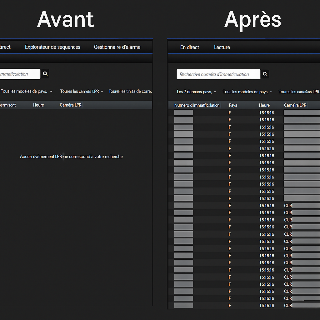 Comparatif avant/après d’un système LPR restauré suite à une saturation SQL sur Milestone XProtect.