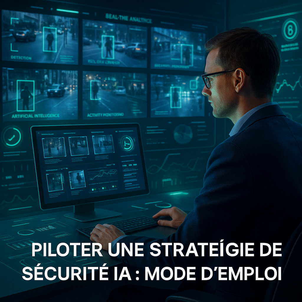 Chef de projet digital analysant un tableau de bord IA de vidéosurveillance