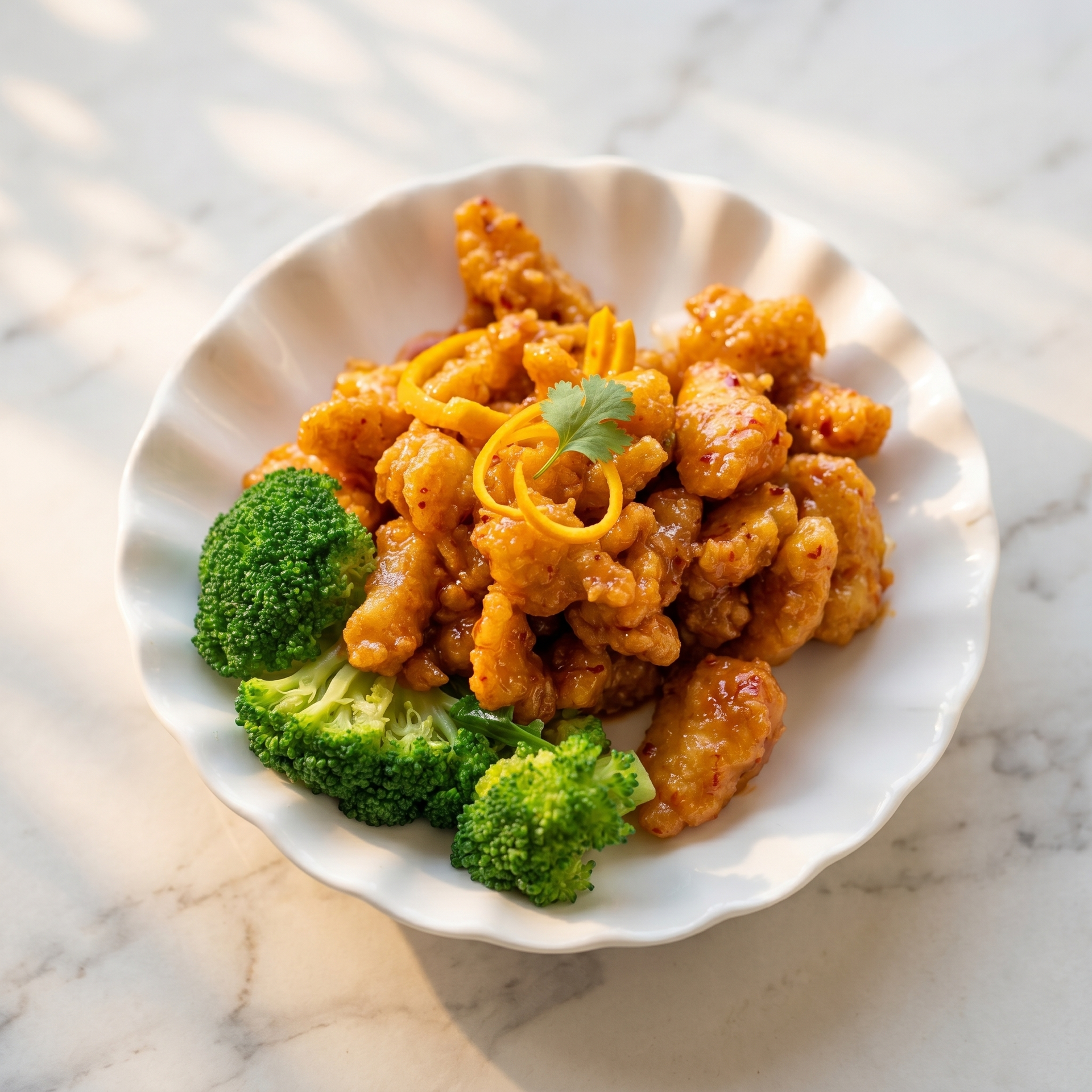 Orange saucy fried chicken bites with broccoli in a white bowl on a marble table