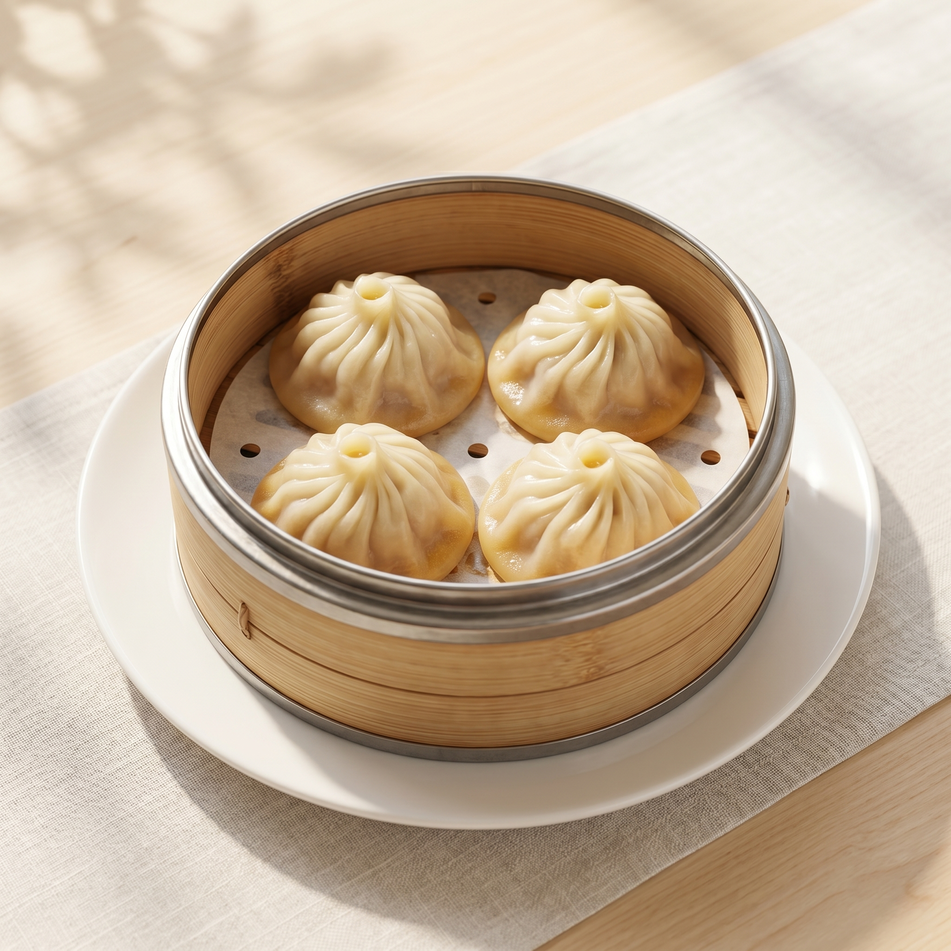 Steamed dumplings in a bamboo basket on a white plate, lit by soft sunlight.