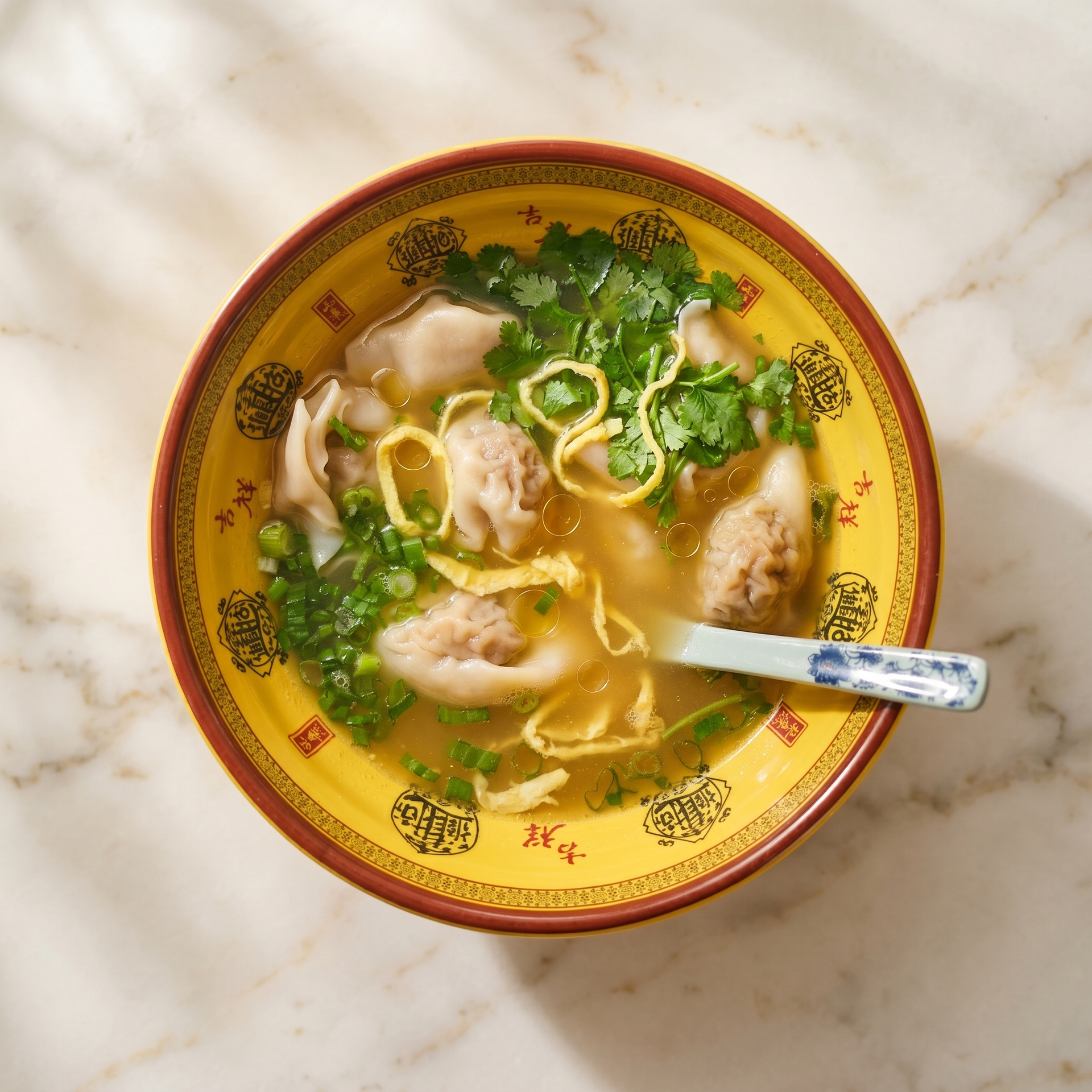 A bowl of noodle soup with herbs and dumplings, seen from above on a patterned plate.