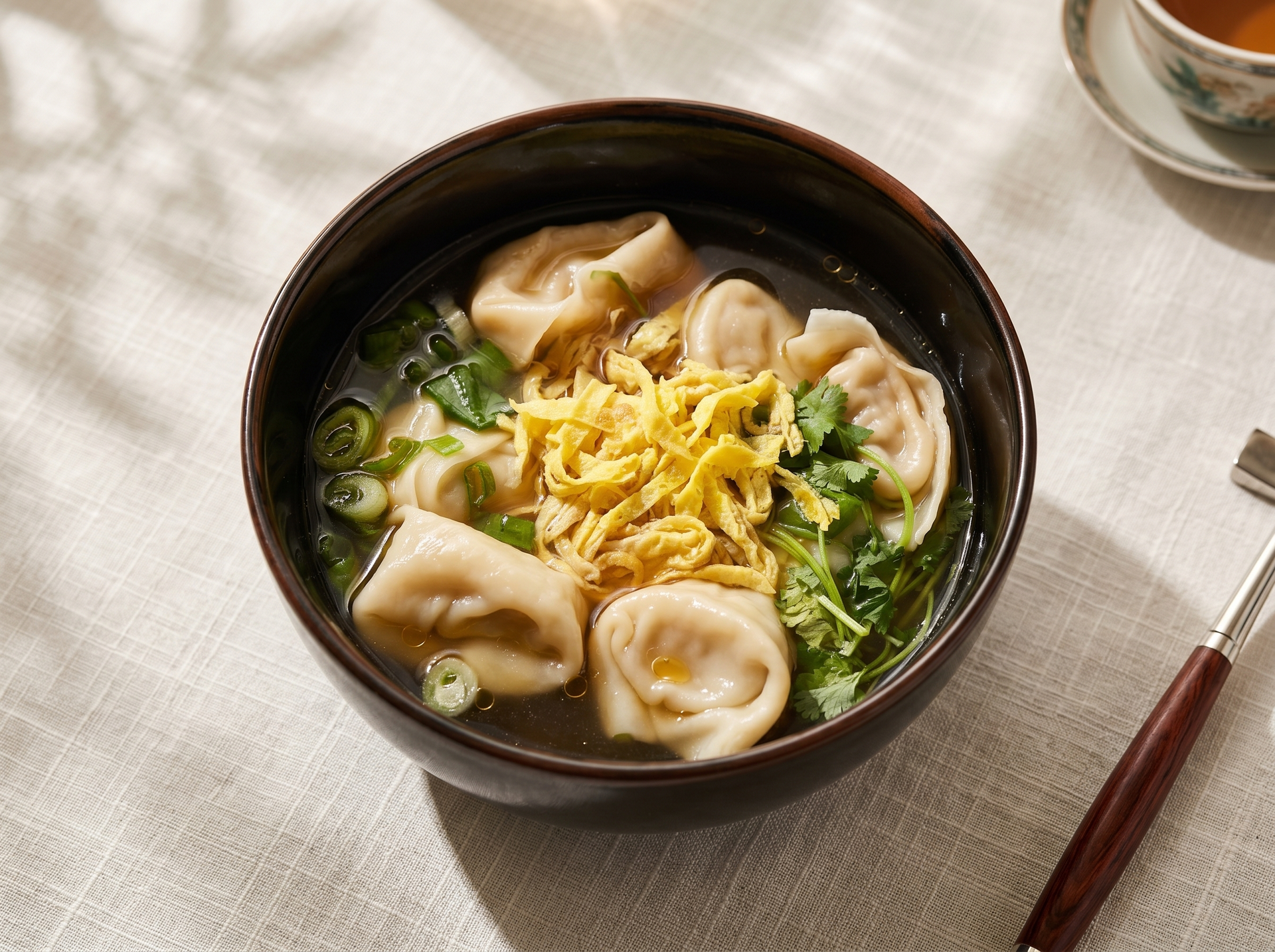 Bowl of wonton soup topped with egg and green onions on a light tablecloth, with chopsticks nearby