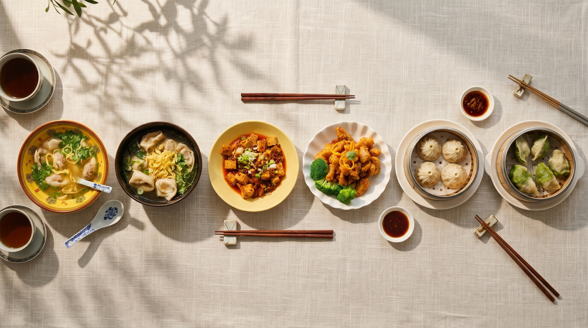 Overhead view of six bowls of assorted dishes on a table with chopsticks and tea cups