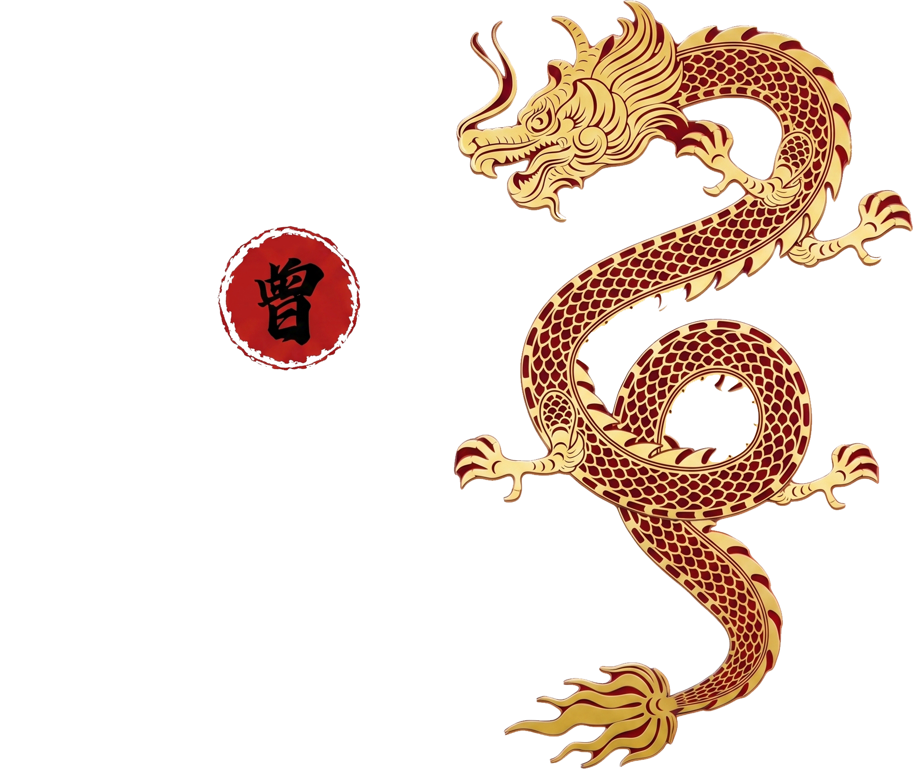 Golden Chinese dragon beside a red seal with a black character on a white background