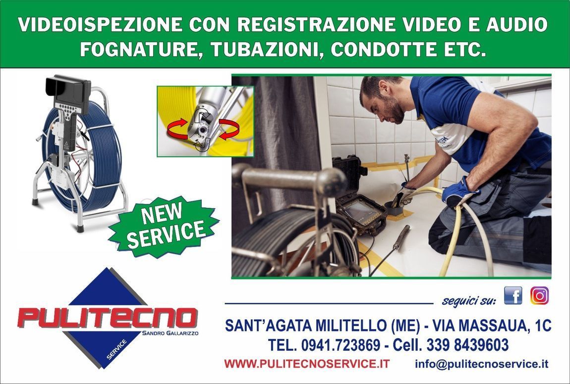 Pubblicità per il servizio di videoispezione di Pulitechno, con attrezzatura di ispezione e un operaio.