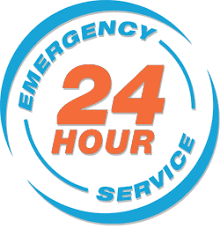 A blue and orange emergency 24 hour service logo