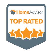 A home advisor top rated badge with five stars on it.