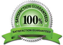 A green satisfaction guaranteed label with a green ribbon