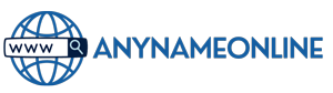 A logo for anynameonline with a globe and a search bar