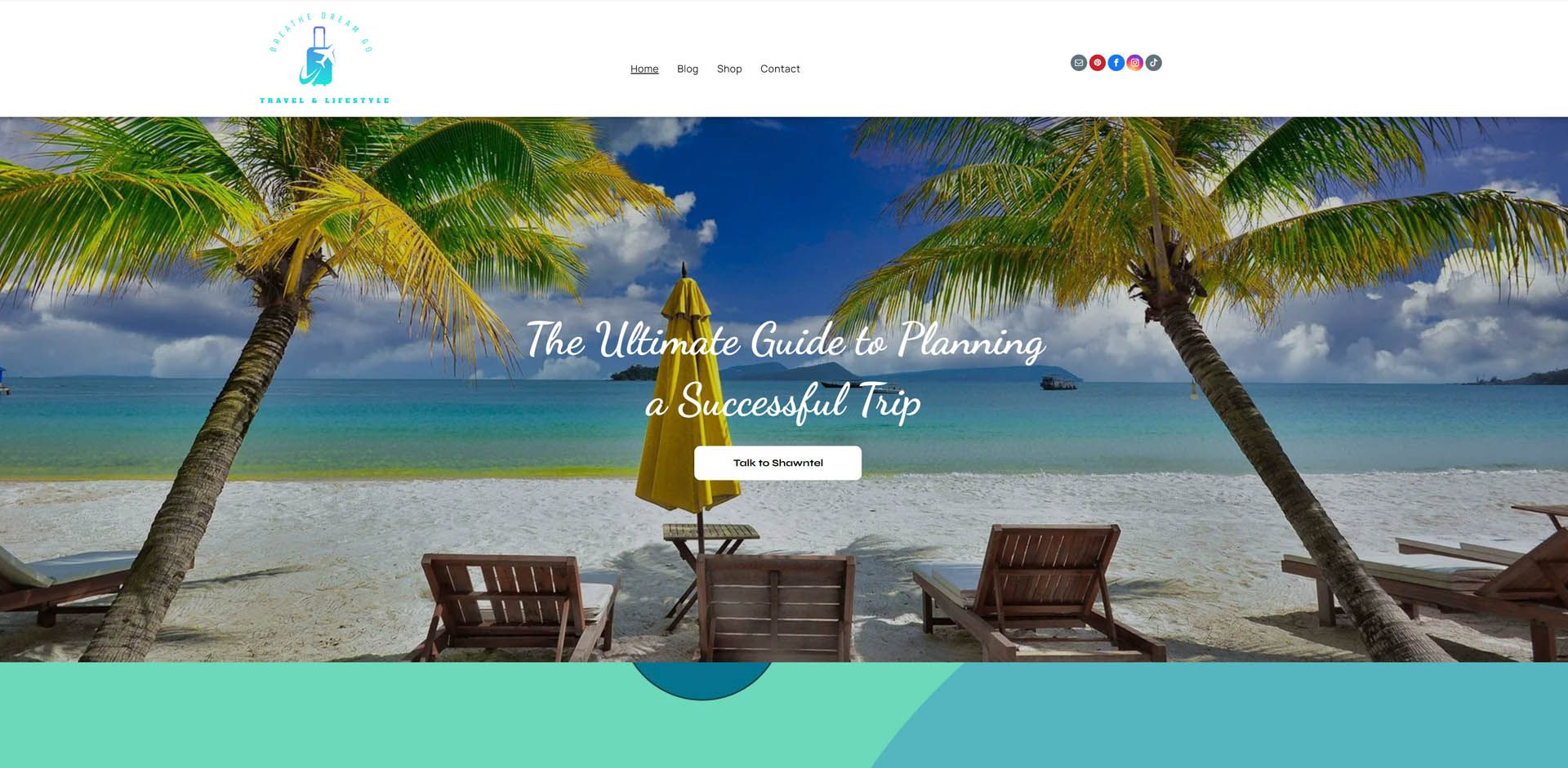 A screenshot of a website showing a beach with palm trees and chairs.