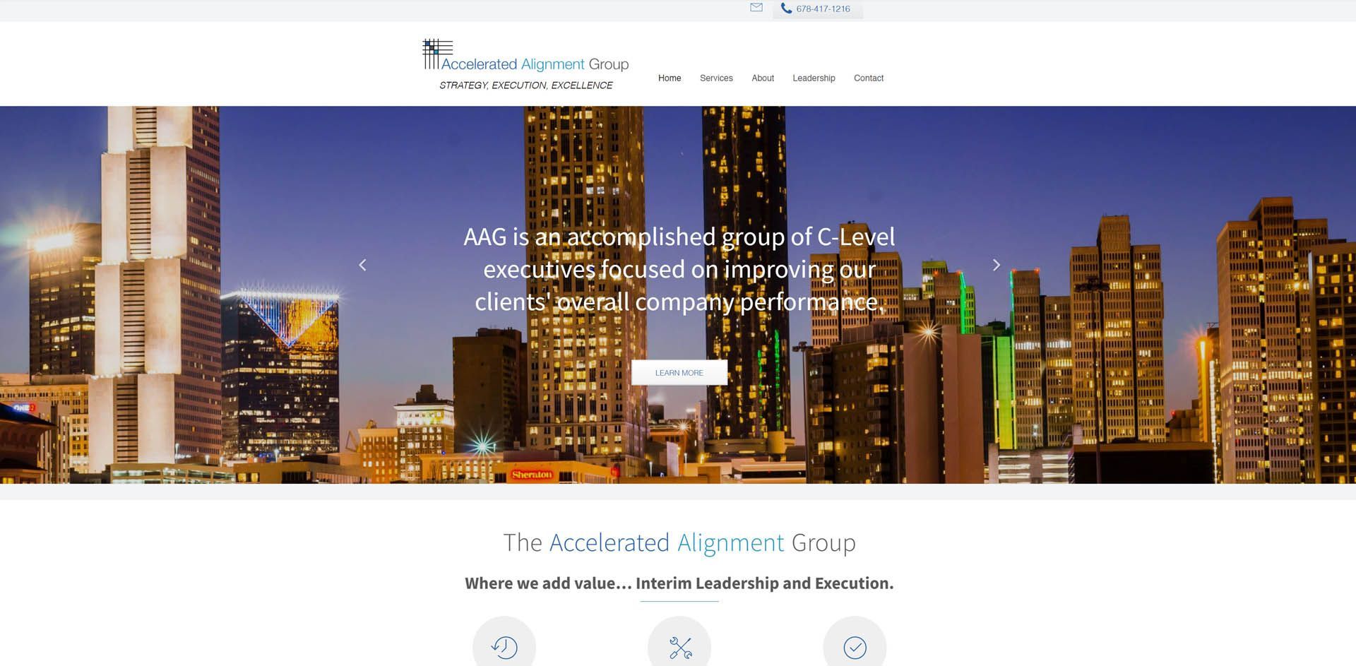 A screenshot of a website showing a city skyline at night.