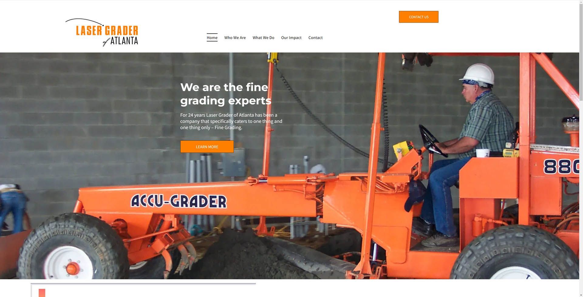 A man is driving an orange tractor on a website.