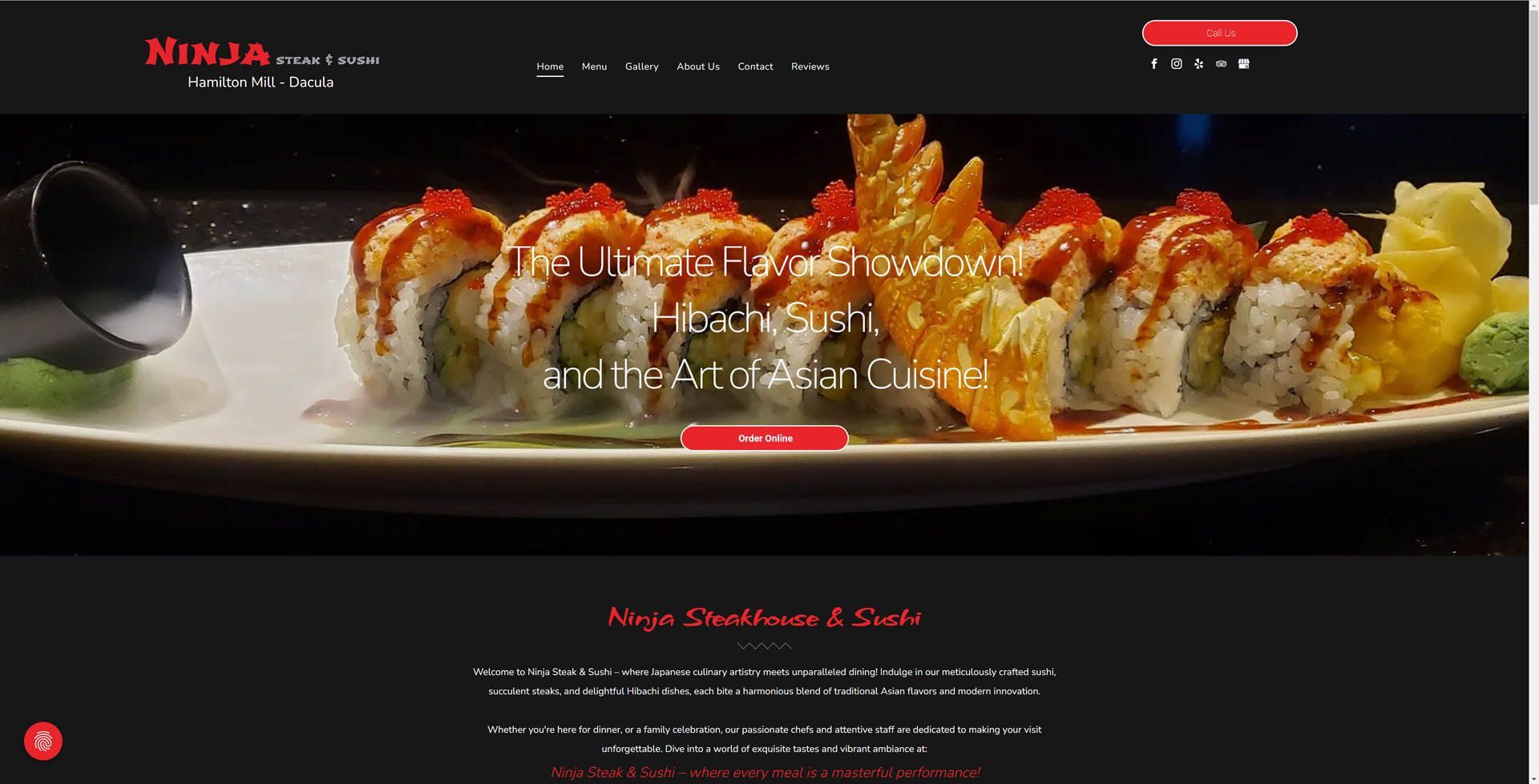 A screenshot of the website for ninja sushi shows a plate of sushi.