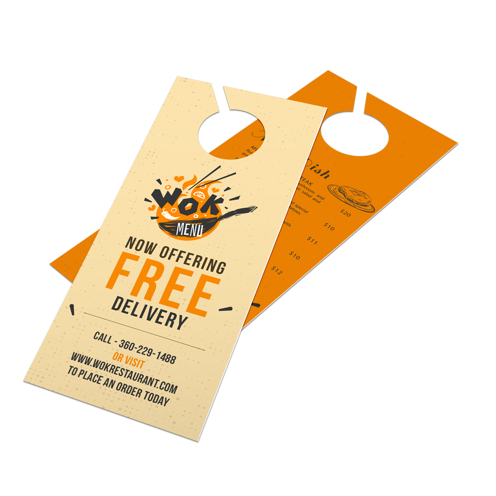 Two door hangers for a restaurant offering free delivery