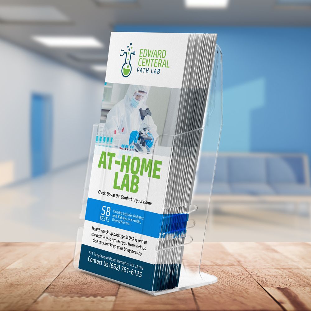 A brochure for an at-home lab is sitting on a wooden table.