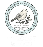 Circular logo with a detailed bird on a branch; text includes "Small-batch baked goods," "handcrafted soaps," and "seasonal items."