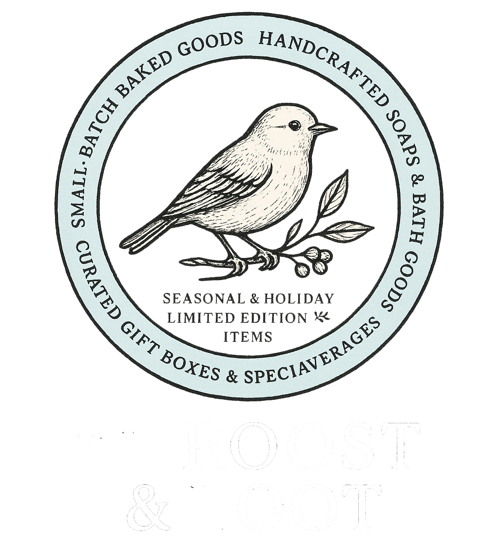 Circular logo with a detailed bird on a branch; text includes "Small-batch baked goods," "handcrafted soaps," and "seasonal items."