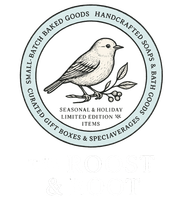 Circular logo with a detailed bird on a branch; text includes "Small-batch baked goods," "handcrafted soaps," and "seasonal items."