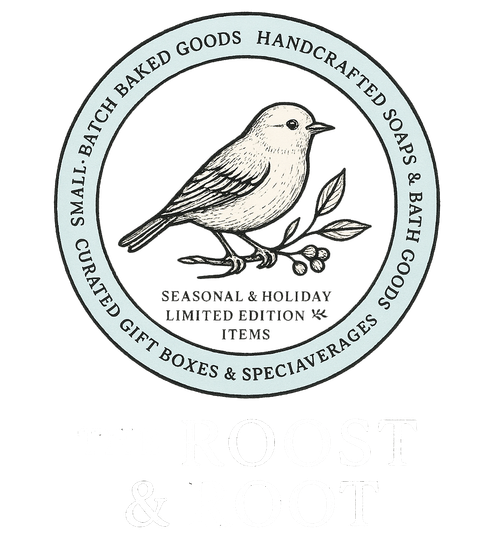 Circular logo with a detailed bird on a branch; text includes "Small-batch baked goods," "handcrafted soaps," and "seasonal items."