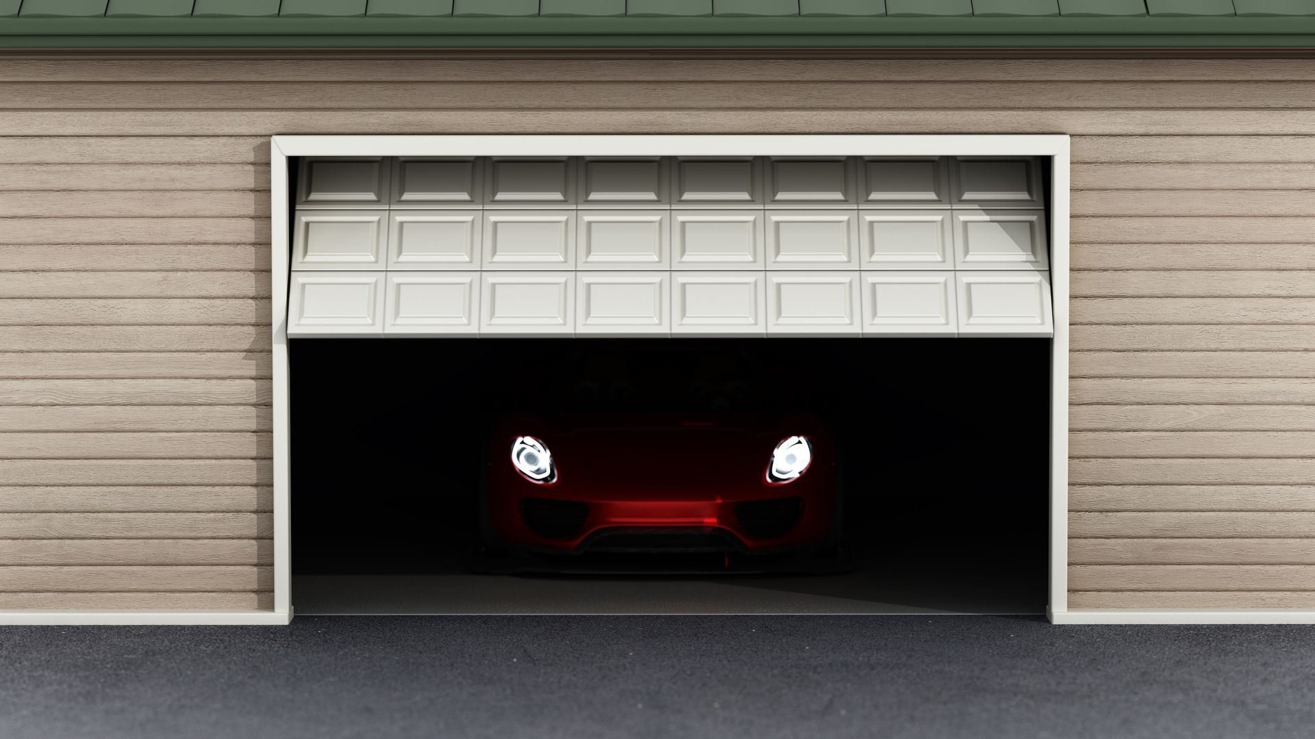 View of a garage door opening with a red car inside.