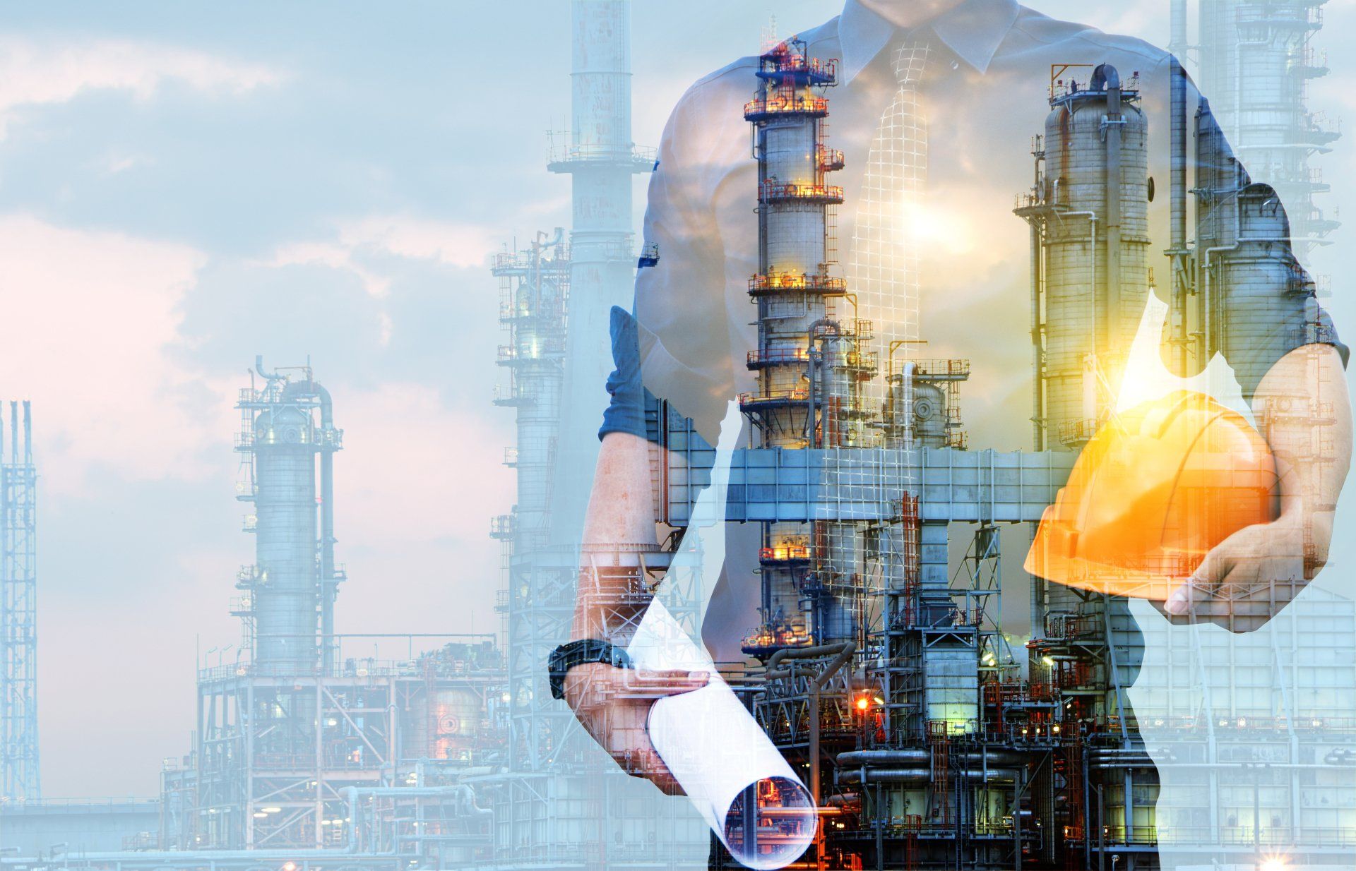 Engineer with safety helmet with oil refinery industry plant background