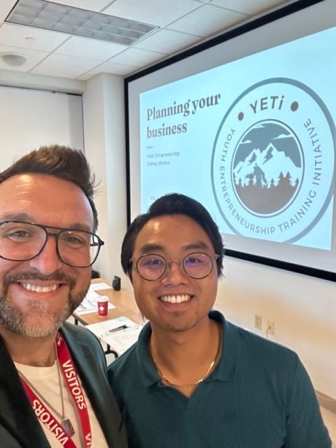 Jonathan Berube Kevin Ma selfie at Youth Entrepreneurship training Initiative program in Windsor Ontario