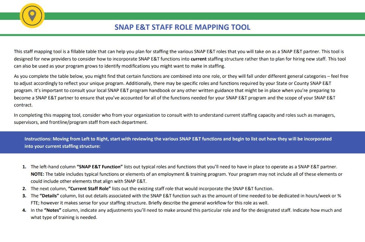 A white sheet of paper with the words snap est staff role mapping tool on it.