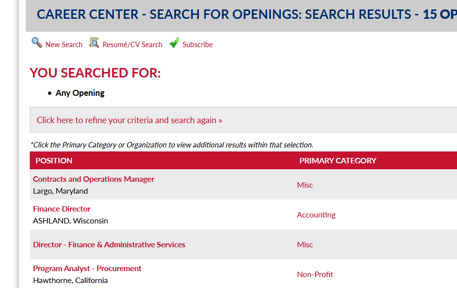 A screenshot of a career center search for openings