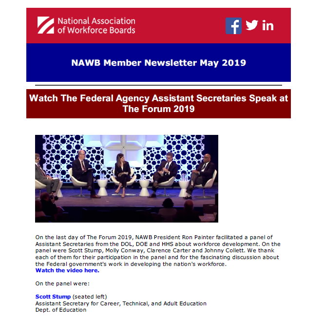 National association of workforce boards member newsletter may 2019 watch the federal agency assistant secretaries speak at the forum 2019