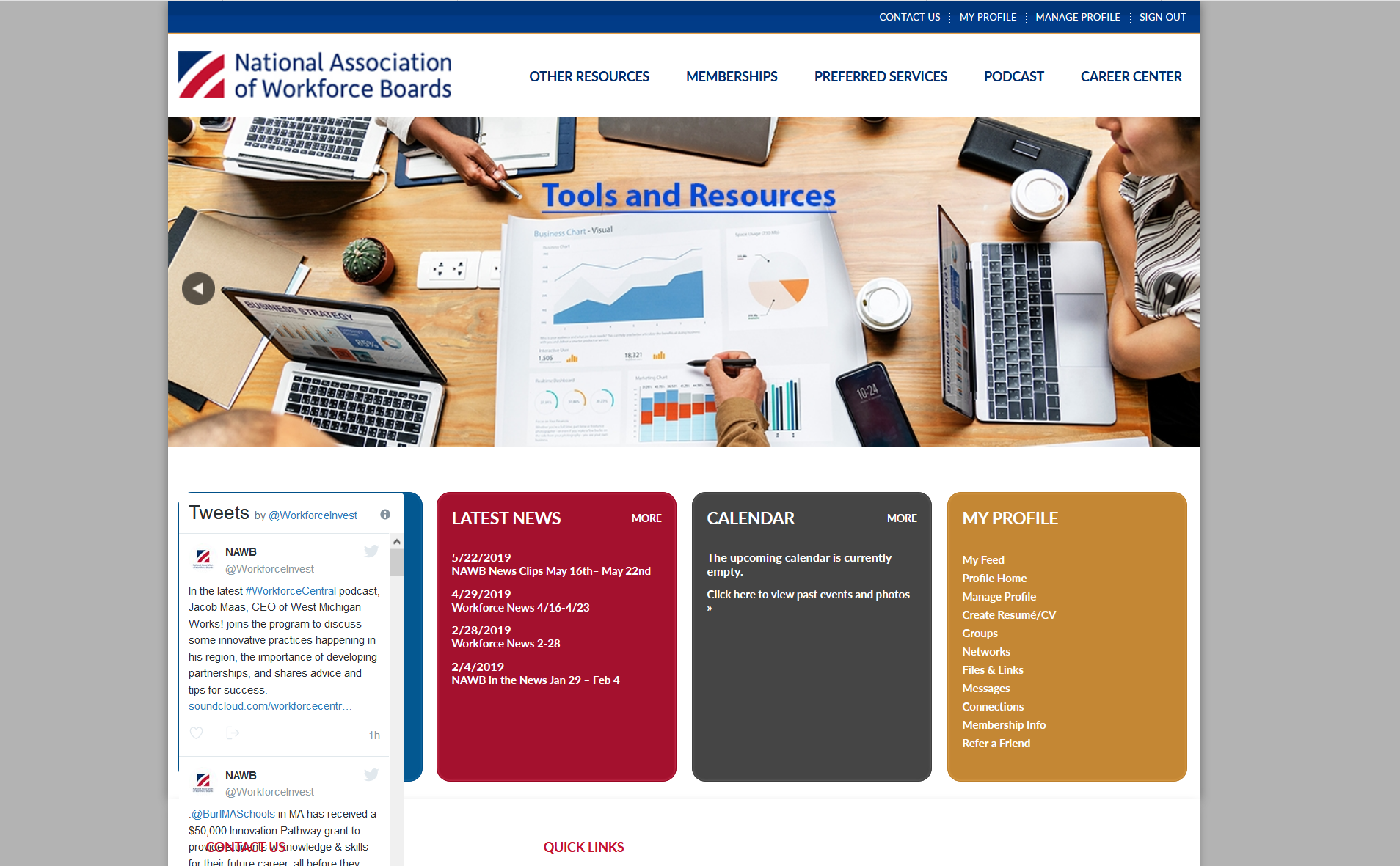 A screenshot of the website for the national association of workforce boards.