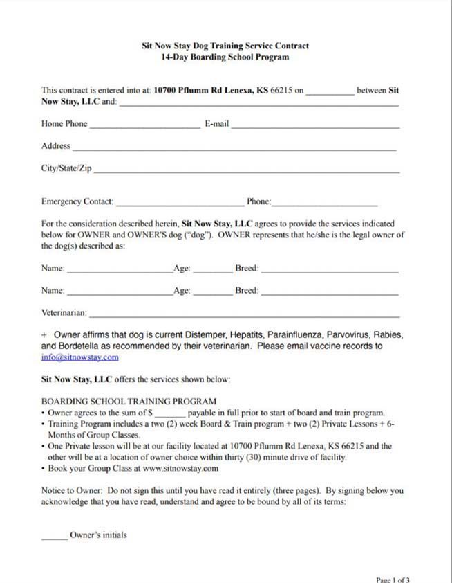 Dog boarding and training contract form with fields for owner information, dog details, and services.