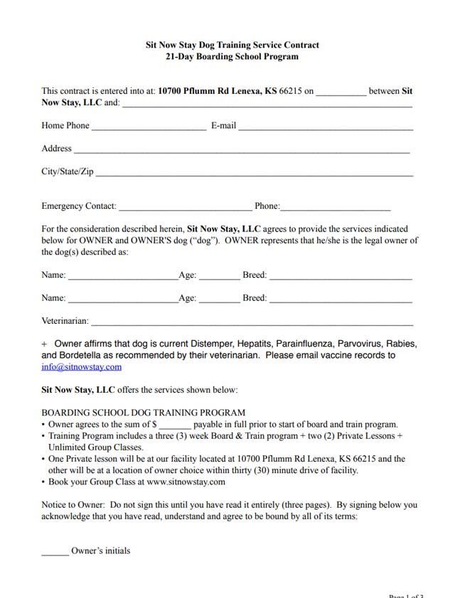 Dog training service contract form. Includes owner and dog info, boarding school program details.