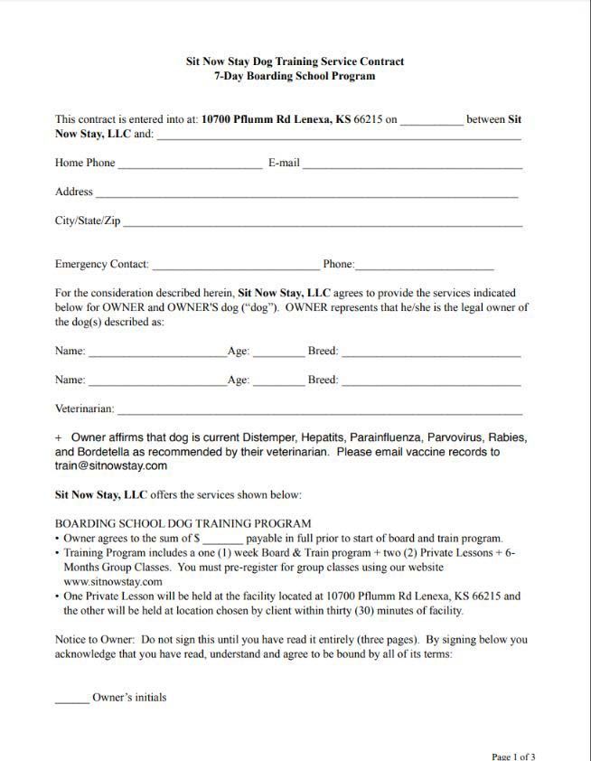 Dog training service contract for a 7-day boarding island program. 