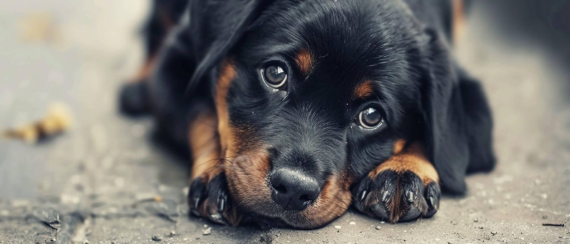 A Rottweiler puppy with brown and black fur lies on the ground, gazing with soulful eyes.