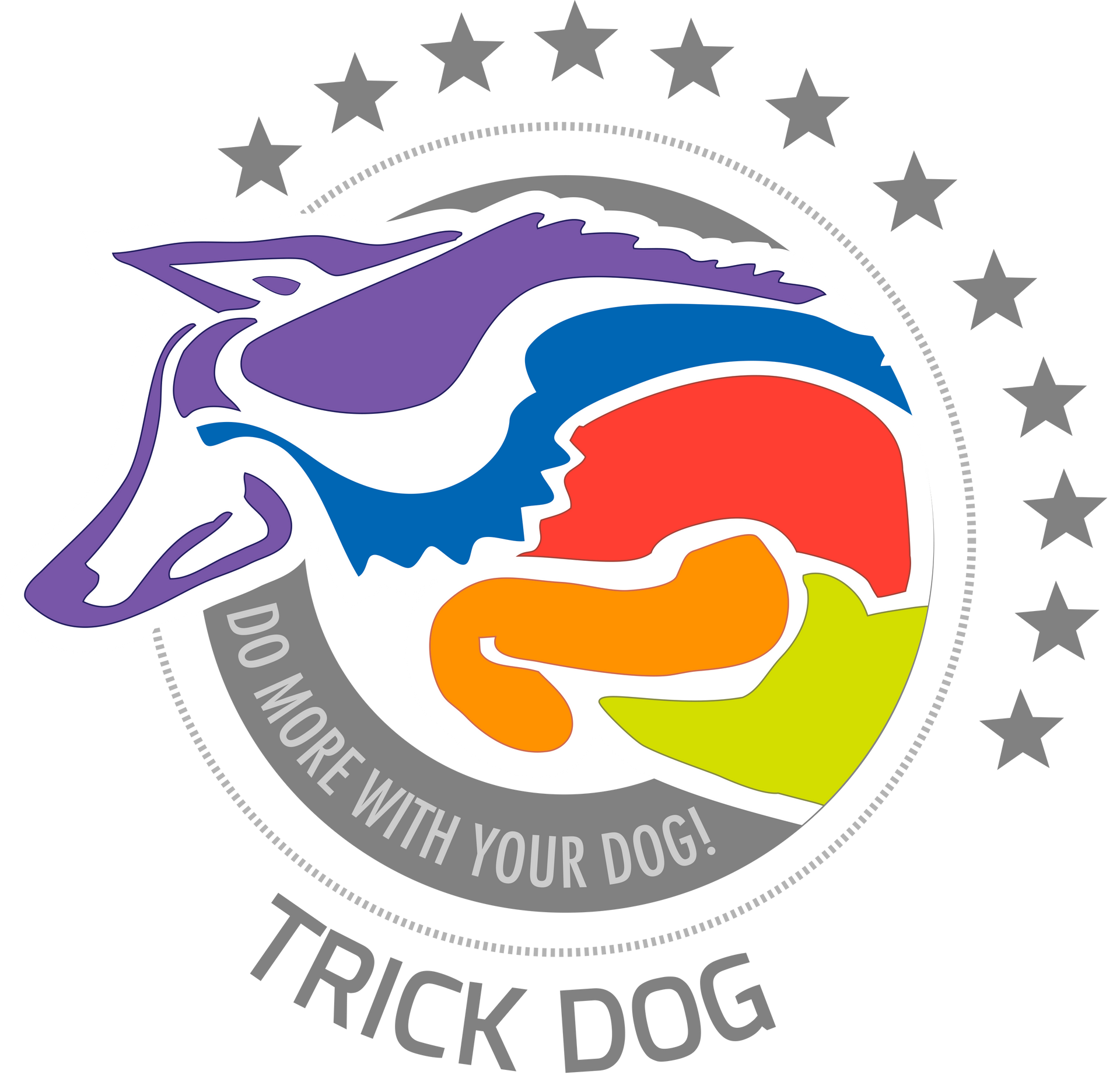 Colorful dog head logo with stars and text: "Do more with your dog! Trick Dog".