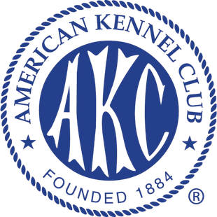 American Kennel Club logo: Blue circle with "AKC" in white, surrounded by "AMERICAN KENNEL CLUB" and "FOUNDED 1884".